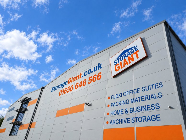 Exterior view of the Storage Giant, South Road, Bridgend Industrial Estate building against a blue sky.