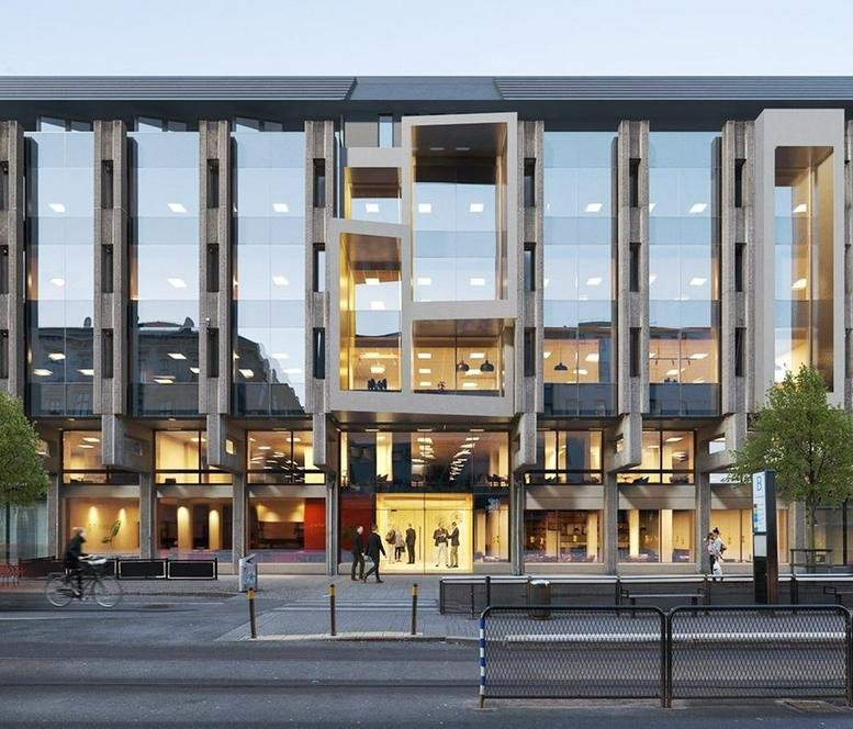 Exterior view of the modern glass and concrete building at Östra Hamngatan 16, Gothenburg.