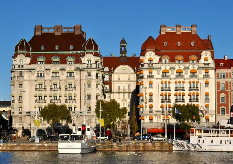 Exterior view of the historic grand facade of Strandvägen 7a, Stockholm, Sweden.