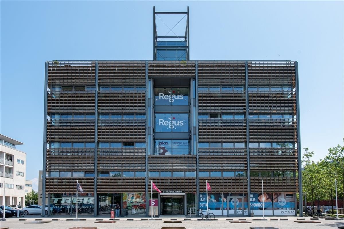 Exterior view of the contemporary facade at Strandvejen 60, Hellerup, Tuborg, Denmark.