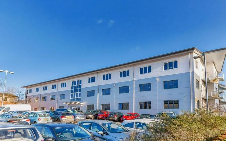 Exterior view of the modern three-story Pure Offices building at Tachbrook Park, Plato Close.