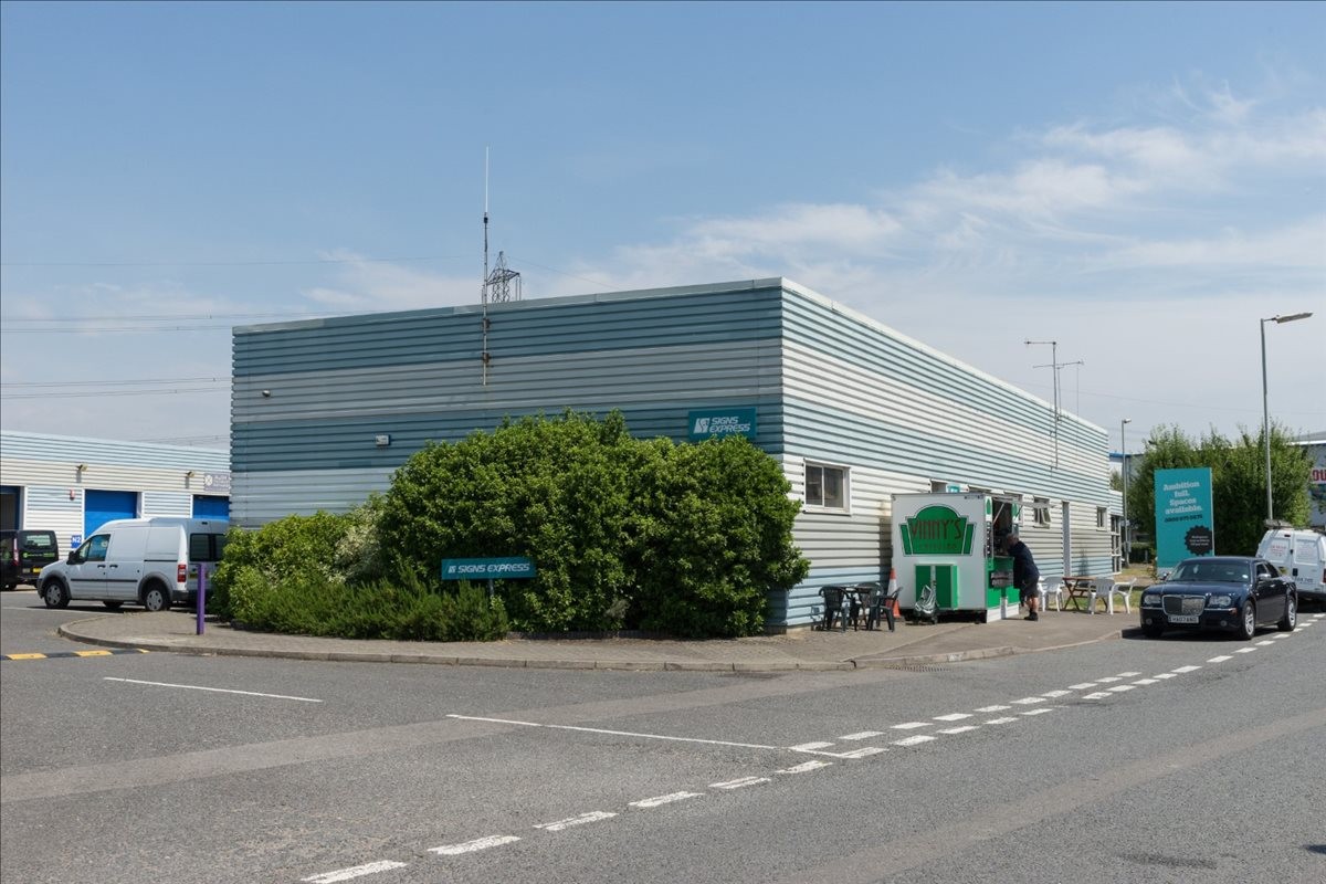 Exterior view of the industrial-style facade of The Didcot Enterprise Centre, Hawksworth, Southmead Industrial Park.