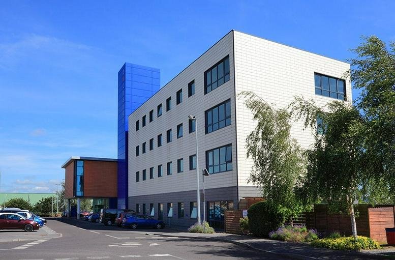 Exterior view of the modern white and blue facade at The Exchange, Express Park, Bristol Road, Bridgwater.