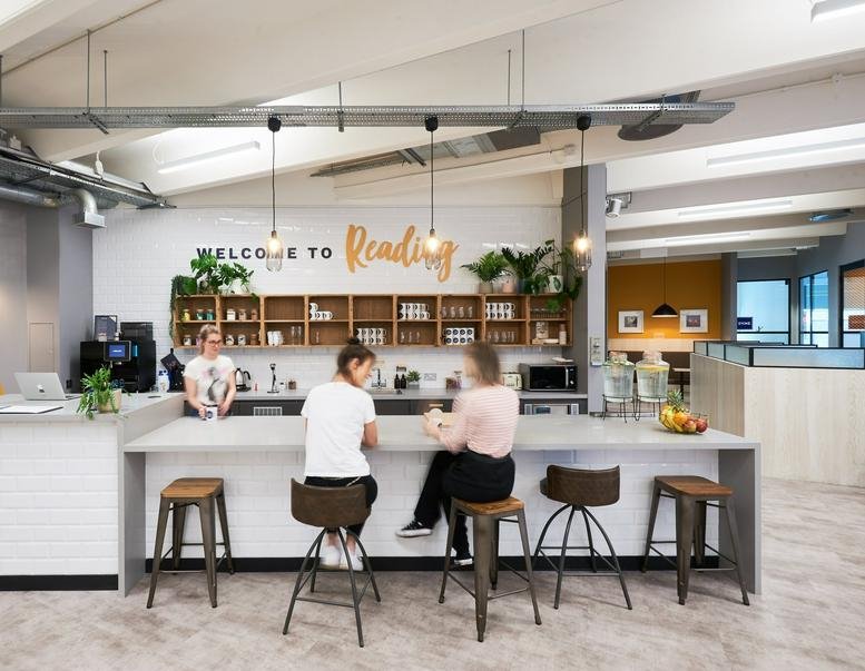 Spacious communal breakout area and café at The White Building, 33 Kings Road, Reading, Berkshire.