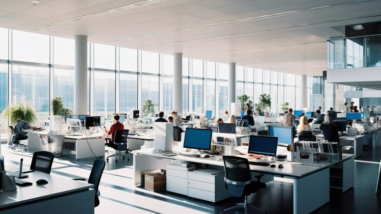 Sunlit open-plan office at Tour Part Dieu featuring rows of desks and floor-to-ceiling windows.