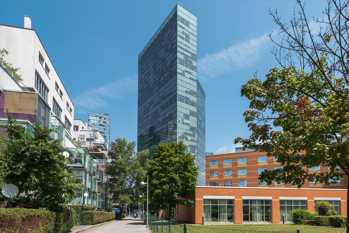 Exterior view of the glass-facade Twin Tower, Wienerbergstrasse 11, Vienna, Austria.