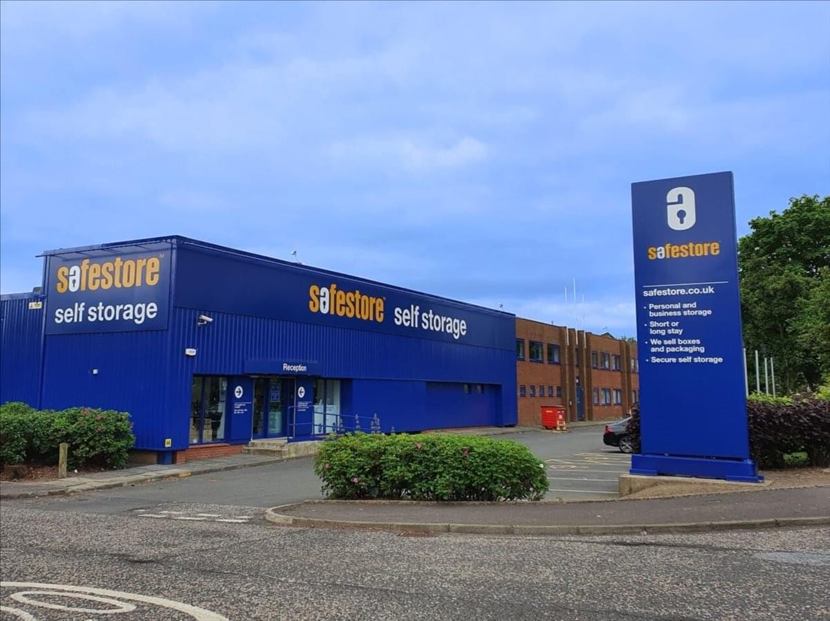 Exterior view of the blue Safestore building at Units 1-3, Eastern Industrial Estate, 62-66 Newcraighall Road.