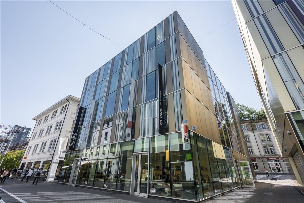 Exterior view of the modern glass and wood building at Central Flon.