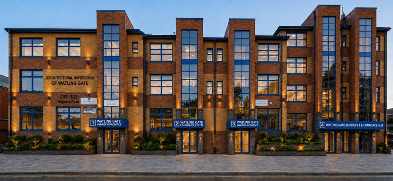Architectural evening view of the illuminated brick facade of Watling Gate, 297-303 Edgware Road.