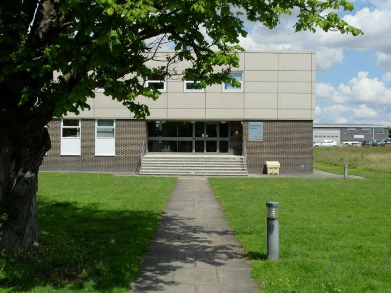 Exterior view of the contemporary facade and entrance at Wrest Park Enterprise Centre, Building 52.