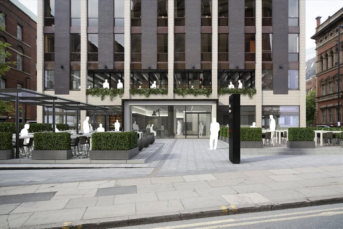 Ground floor exterior of York House, 20 York Street, Manchester featuring a paved terrace with seating.