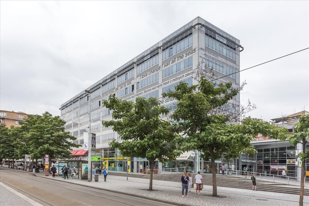 Exterior view of the glass-facade Zlaty Andel building in Prague.