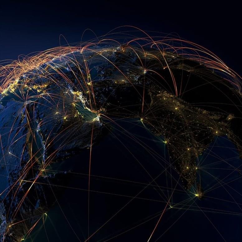 Digital illustration of a global network of glowing lines connecting cities on Earth from space.