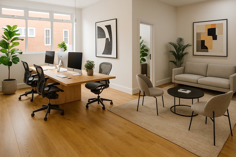 Office lounge with a sofa, coffee table, and plants beside a workspace.