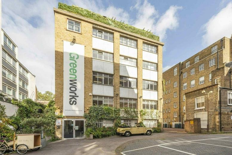 Exterior view of the brick facade Greenworks building at Princeton Street, London.