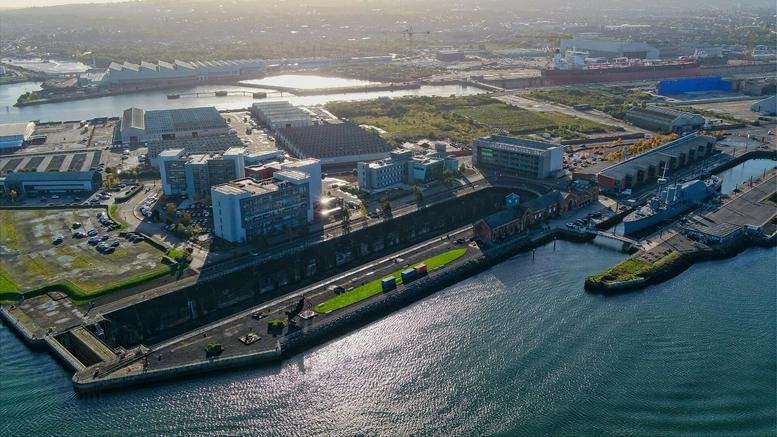 Aerial view of the waterfront campus at Queen’s Road, The Innovation Centre, Belfast.