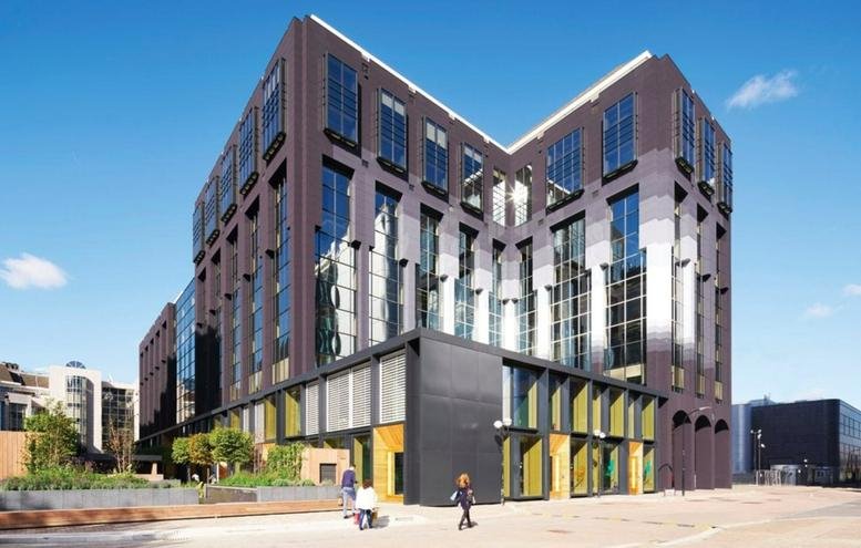 Exterior view of the modern brick and glass facade building at Republic, 2 Clove Crescent.