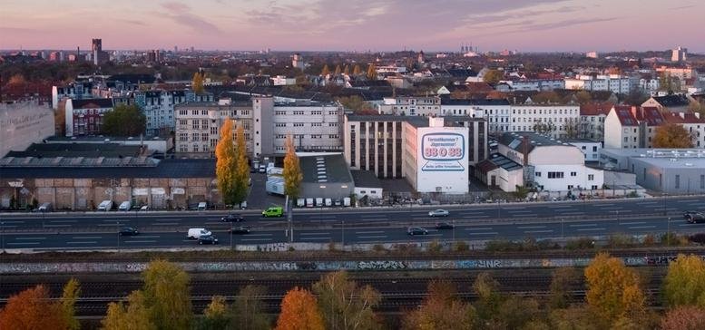 Aerial sunset view of the industrial building complex at Ringbahnstraße 34, Berlin, Brandenburg.