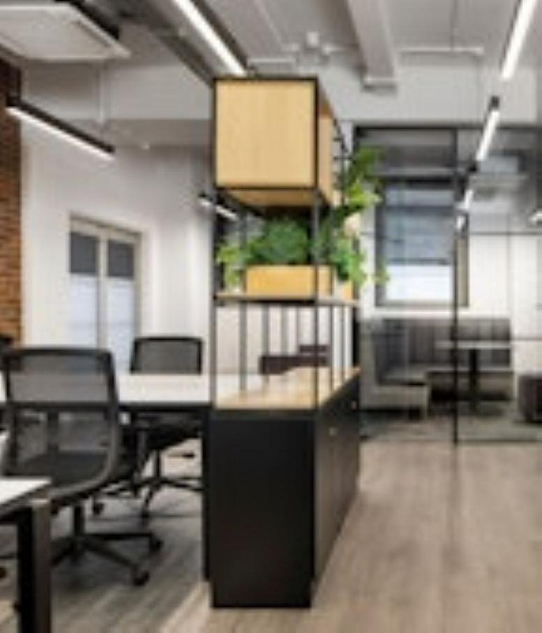 Modern open-plan workspace at Rochester Mews, Floor 1 and Suite 6, featuring wooden shelving and potted plants.