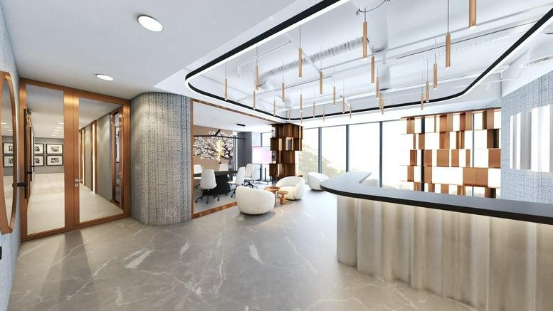 Spacious modern lobby at Warsaw Unit, Rondo Daszynskiego 1 with curved reception desk and sculptural ceiling lights.