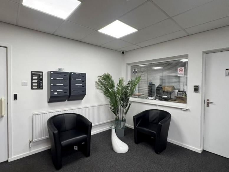 Reception waiting area featuring two black leather tub chairs and a tall indoor plant.