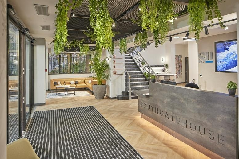 Spacious reception area of Southgate House with wooden floors, hanging plants and a grey front desk.