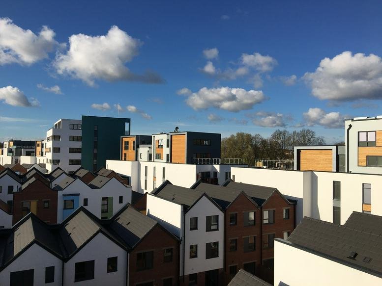 Rooftop view of the modern residential and commercial development at Streamline, Paintworks, Bath Rd.