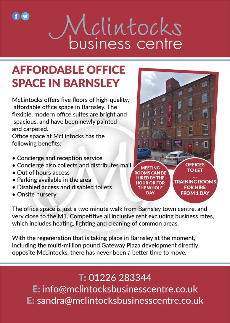 Informational flyer featuring the brick exterior of McLintocks Business Centre with a red accent tower.
