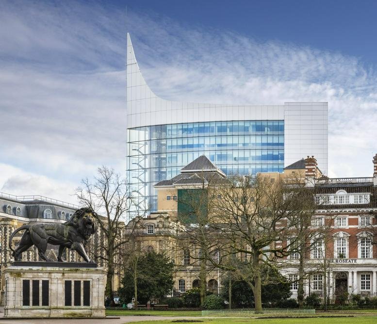 Exterior view of the iconic pointed glass facade of The Blade, Abbey Street, Reading, Berkshire.