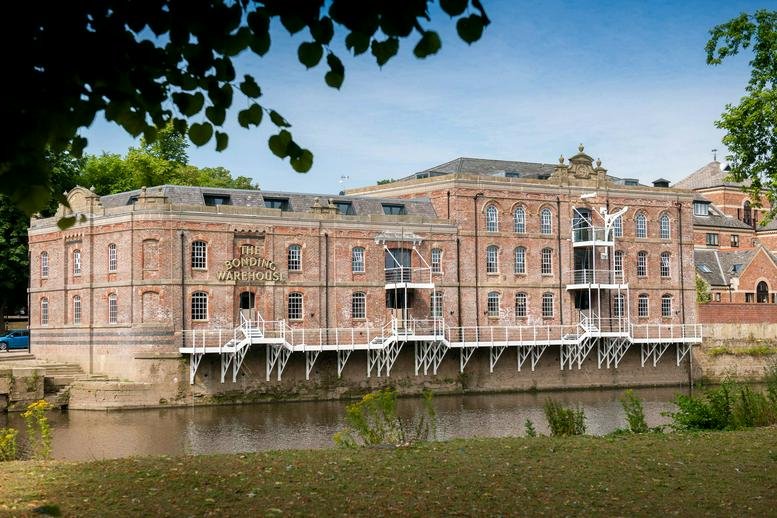 Exterior view of the historic brick facade of The Bonding Warehouse, Terry Avenue, York, North Yorkshire.
