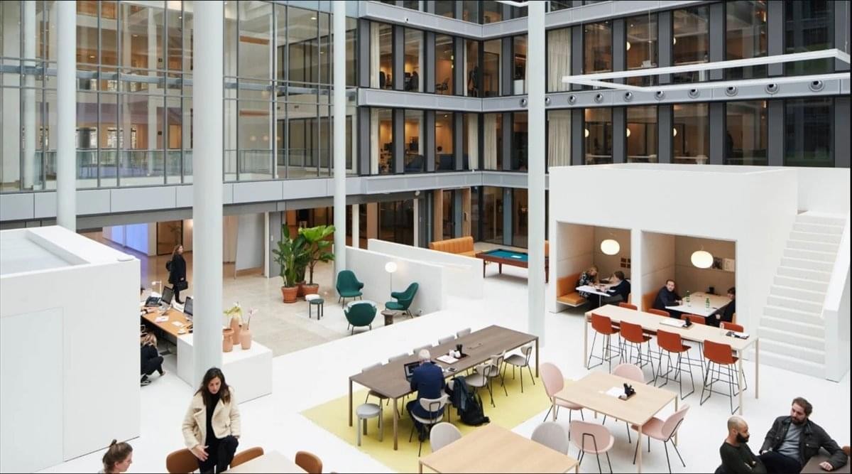 Wide-angle view of the bright, airy central atrium at The Maylands Building, Hemel Hempstead, Hertfordshire.