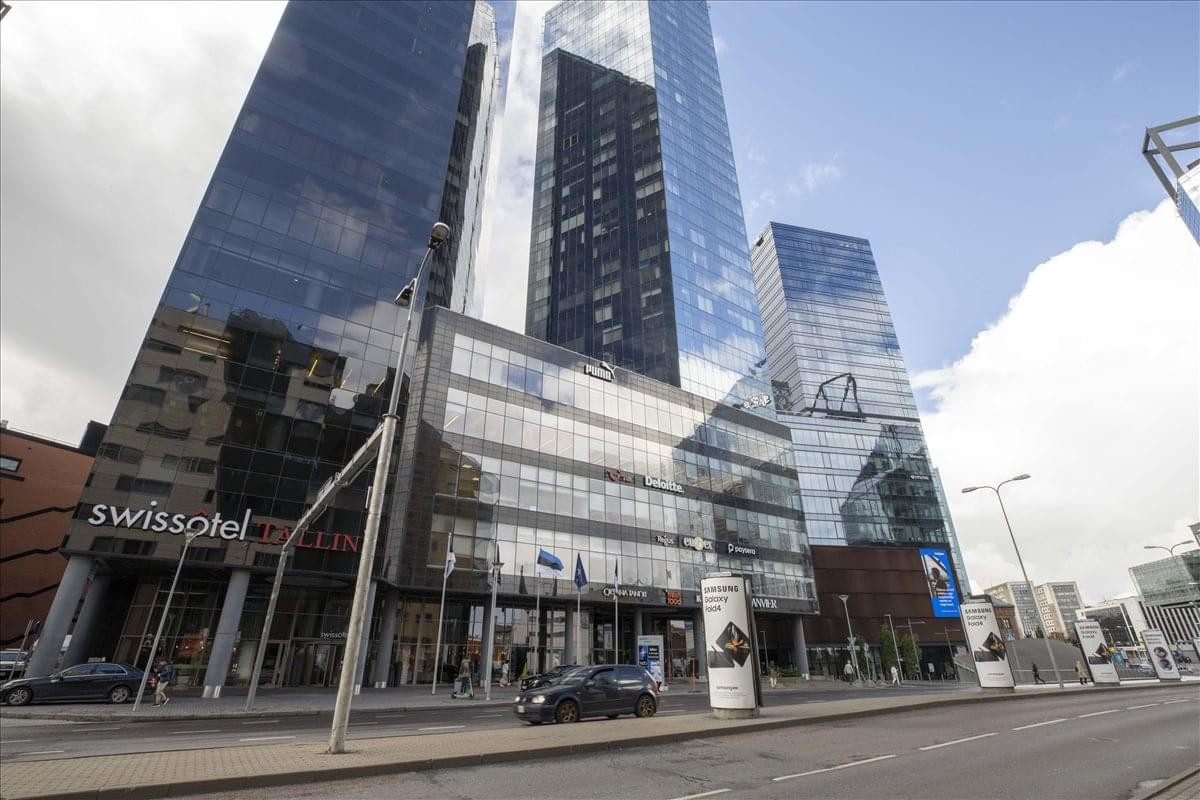 Exterior view of the glass-facade Tornimae 5 skyscraper in Tallinn, Estonia.