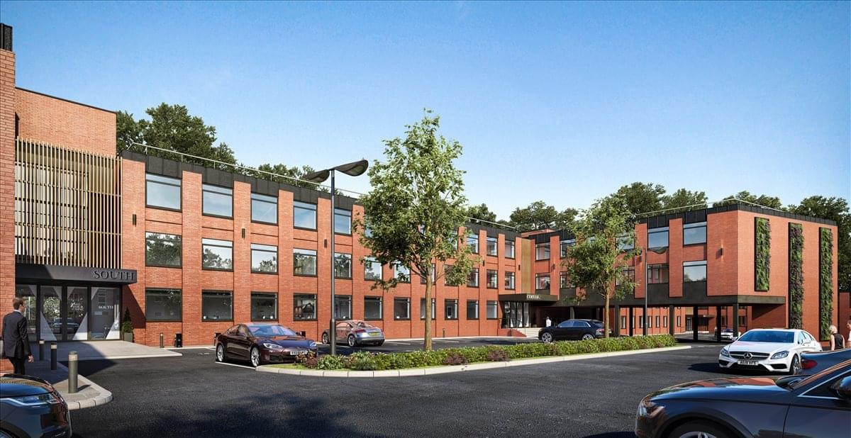 Exterior view of the brick facade and entrance at Two Four Nine North, Lynnfield House.