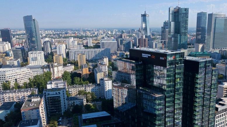 High-angle view of the modern glass-facade buildings at ul. Chmielna 73, Warsaw.