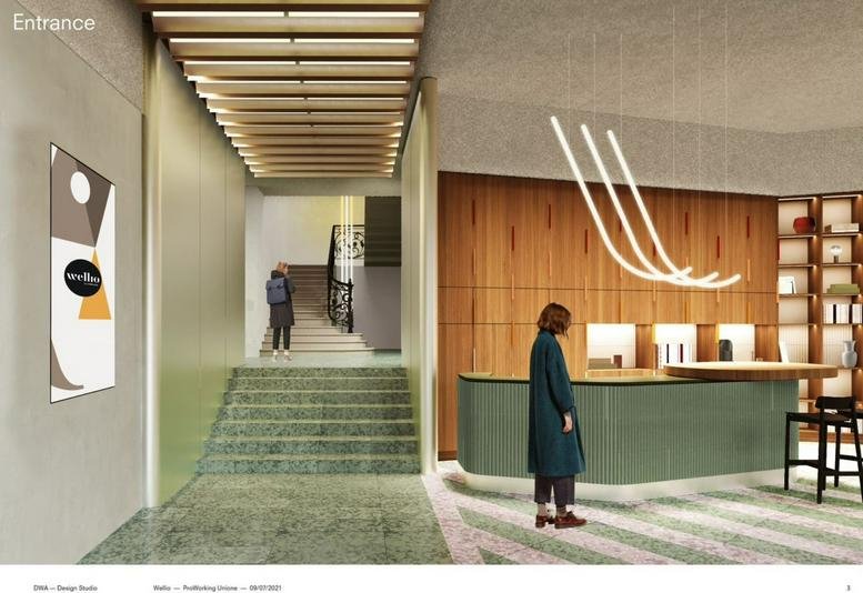 Reception lobby at Via dell’Unione 1 featuring a green front desk and unique curved light fixtures.