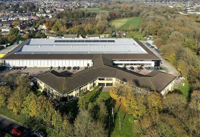 Aerial view of the modern office building at Watermoor Road, Cirencester, Gloucestershire.