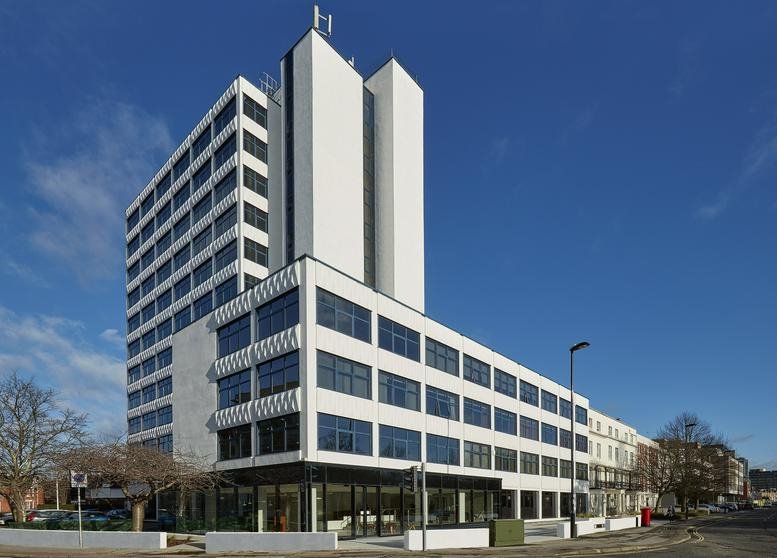 Exterior of the modern white-facade White Building, 1, 4 Cumberland Place, Southampton.