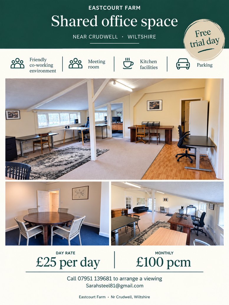 Flyer for Eastcourt Farm shared office space featuring spacious coworking rooms with wooden floors and slanted ceilings.
