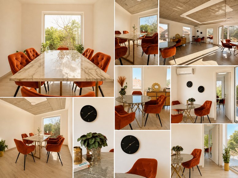 Collage showing various angles of the bright office space at strada Cosminului 4 et 2 birou 3.