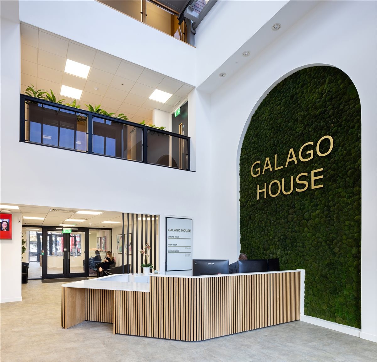 Spacious reception at Galago House featuring a wooden desk and a large arched moss wall with gold branding.