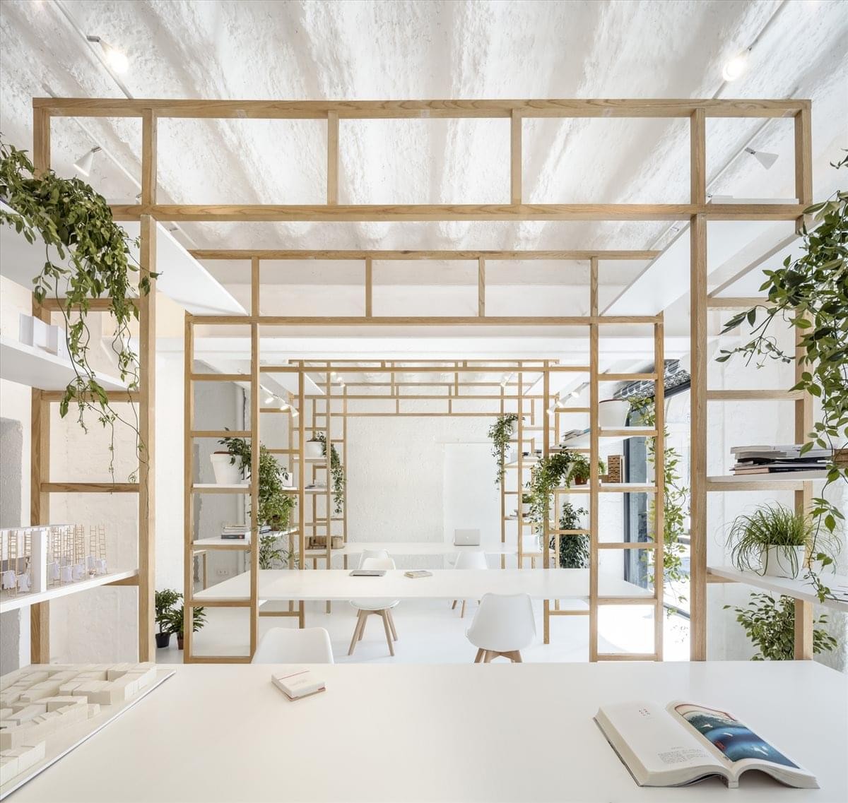 Spacious, modern coworking area at Passeig Isabell, 6 local, Barcelona with wooden shelving and lush plants.