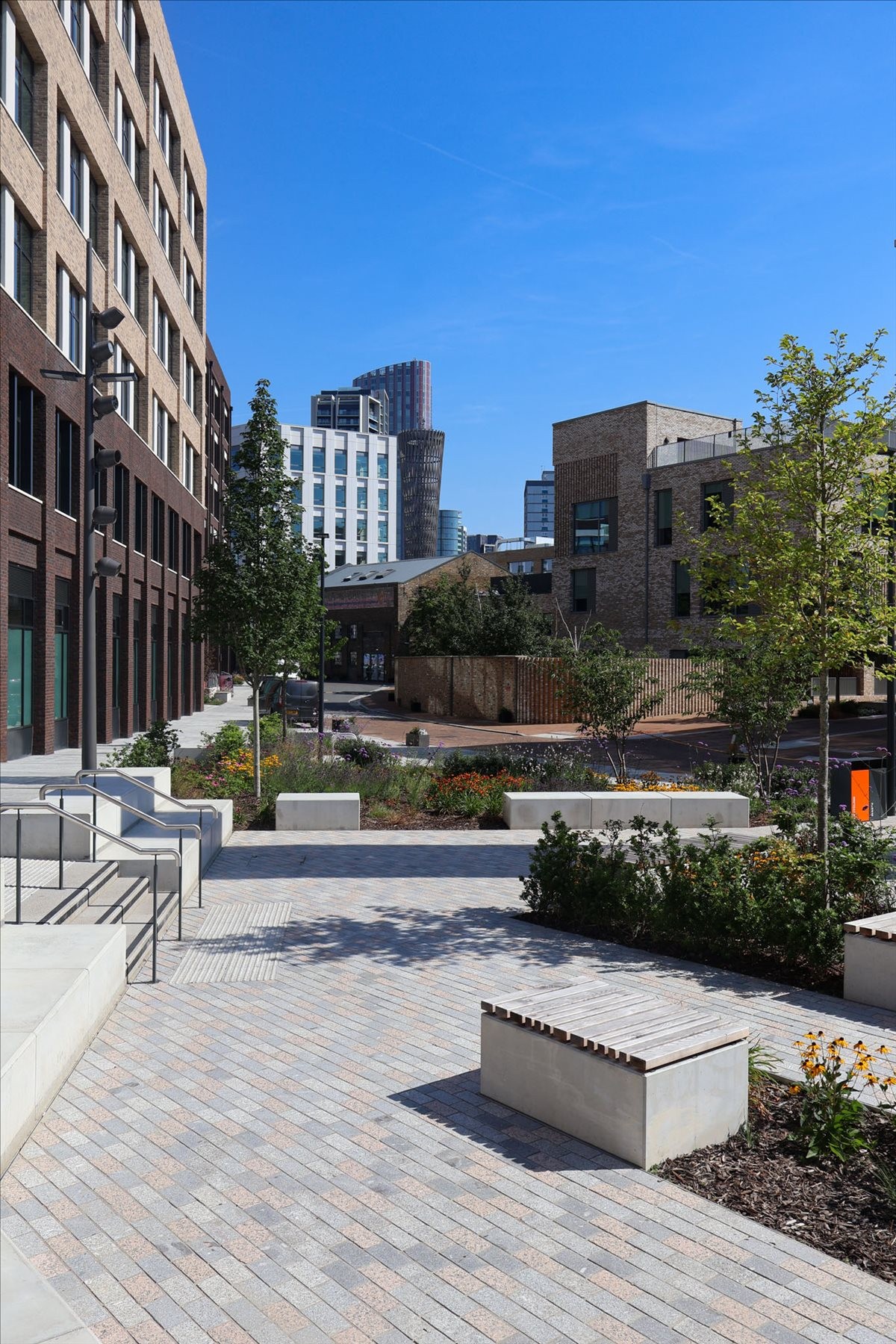 Exterior view of the modern brick and glass building at Sugar House Island.