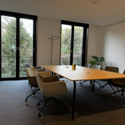 Professional meeting room featuring a large wooden table, modern chairs, and floor-to-ceiling windows.