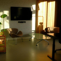 Lounge area with a wall-mounted TV, stylish swan chair, and warm natural light.