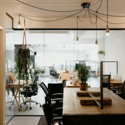 Bright open-plan workspace with wooden desks, ergonomic chairs, and glass partitions.