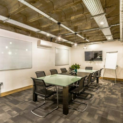 Private glass-walled meeting room with conference table and whiteboard, 2 Bath Place, Shoreditch, London