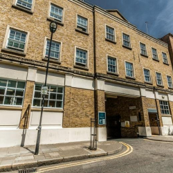 Exterior facade of the multi-story brick office building, 2 Bath Place, Shoreditch, London