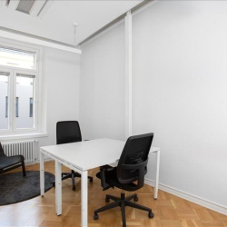 Private office for two with white desks and light wood parquet flooring.