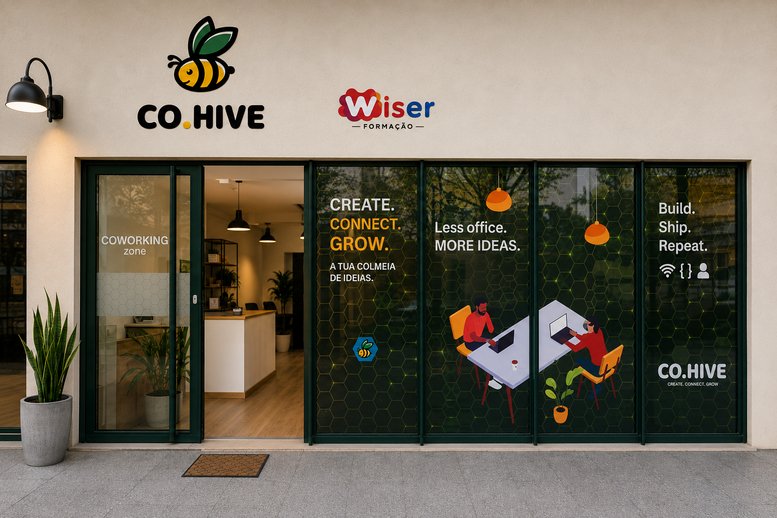 Exterior entrance of Co.Hive at Urbanização Panorama lote 2 loja 3 with branded signage and glass front.