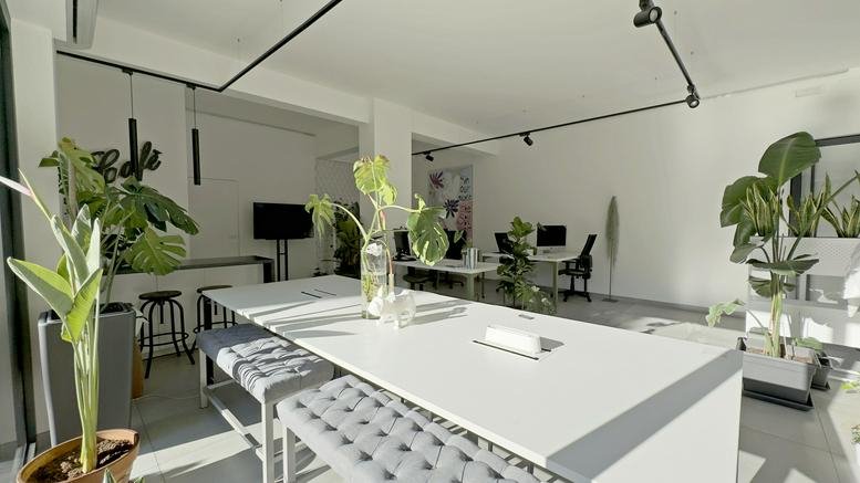 Spacious open-plan coworking area with white tables and lush indoor plants at Via Gaetano Mario Columba, 18.